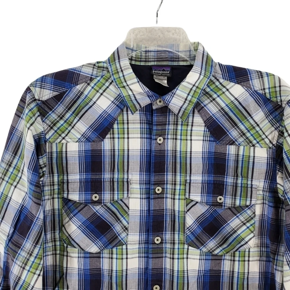 Patagonia Shirt Plaid Organic Cotton Green Blue White Button Up Mens M - Picture 5 of 13